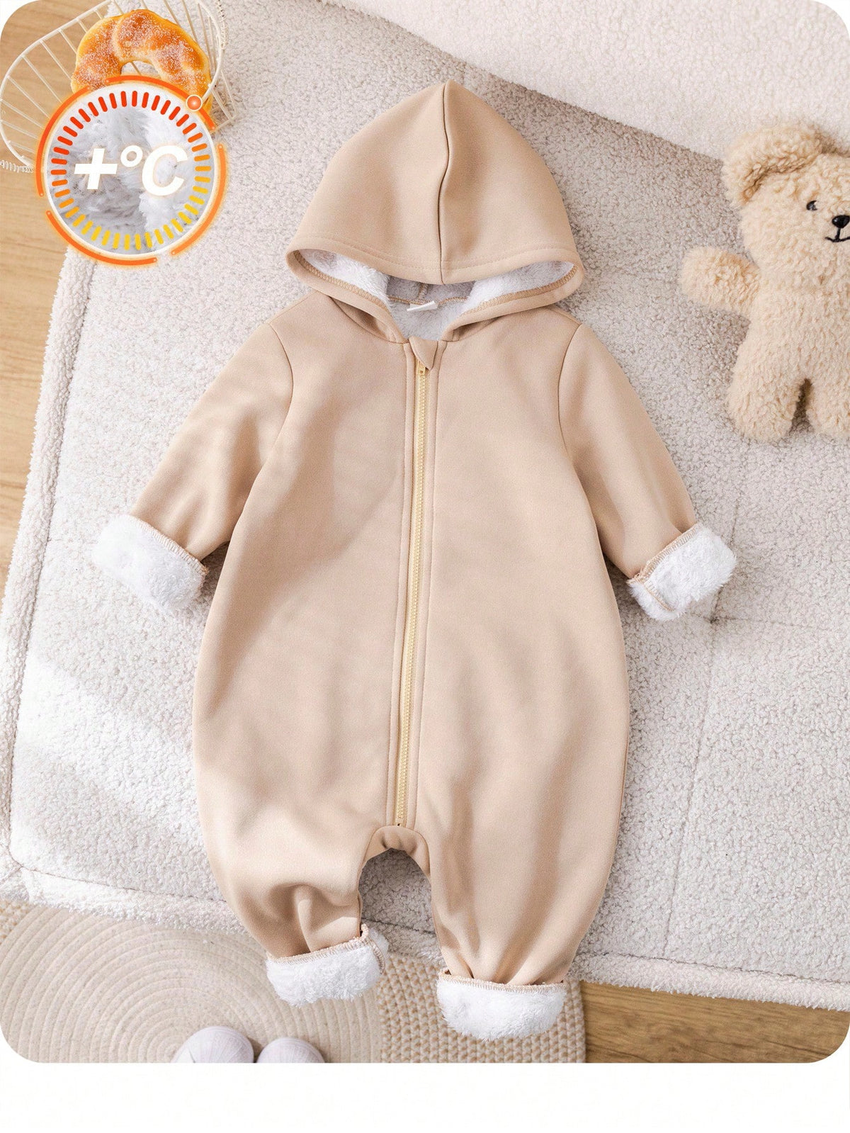 Baby Boy/Girl Khaki Brushed Thick Soft Knit Hooded Jumpsuit With Zipper, Versatile For Indoor & Outdoor Wear, Autumn/Winter