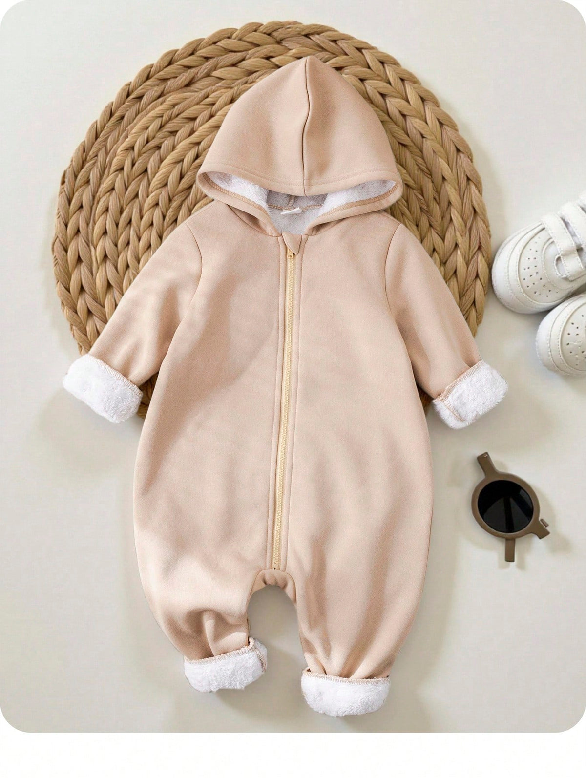 Baby Boy/Girl Khaki Brushed Thick Soft Knit Hooded Jumpsuit With Zipper, Versatile For Indoor & Outdoor Wear, Autumn/Winter