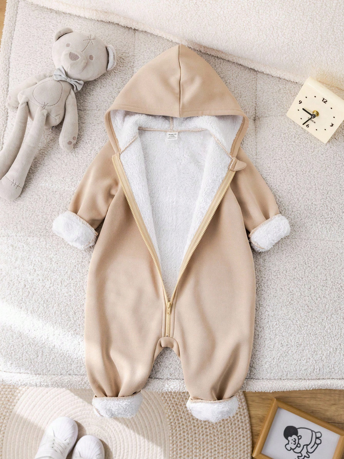Baby Boy/Girl Khaki Brushed Thick Soft Knit Hooded Jumpsuit With Zipper, Versatile For Indoor & Outdoor Wear, Autumn/Winter