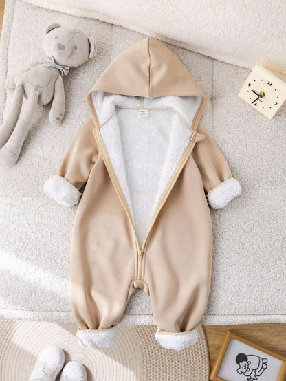 Baby Boy/Girl Khaki Brushed Thick Soft Knit Hooded Jumpsuit With Zipper, Versatile For Indoor & Outdoor Wear, Autumn/Winter