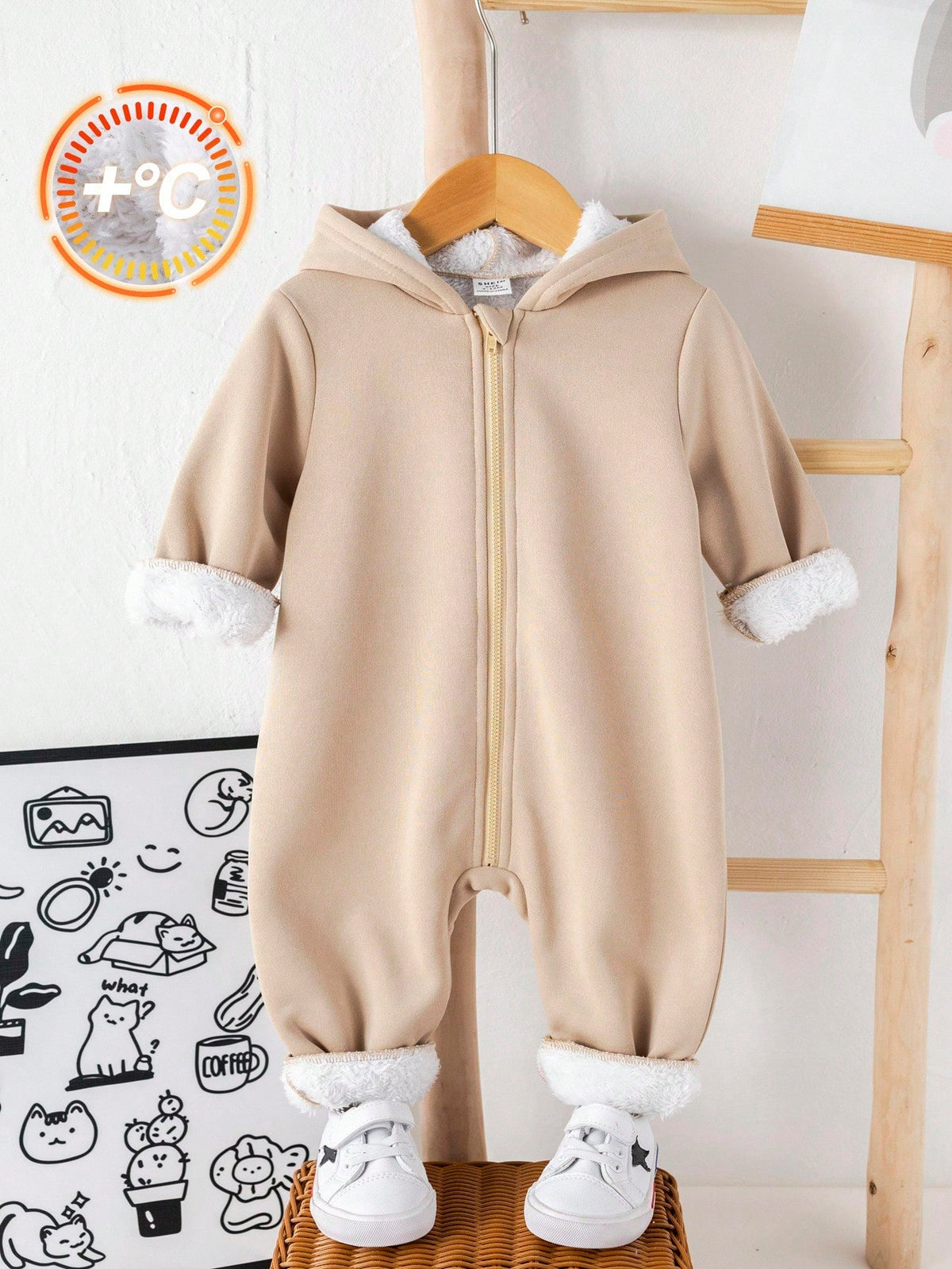 Baby Boy/Girl Khaki Brushed Thick Soft Knit Hooded Jumpsuit With Zipper, Versatile For Indoor & Outdoor Wear, Autumn/Winter
