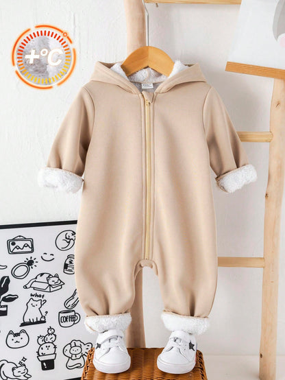 Baby Boy/Girl Khaki Brushed Thick Soft Knit Hooded Jumpsuit With Zipper, Versatile For Indoor & Outdoor Wear, Autumn/Winter