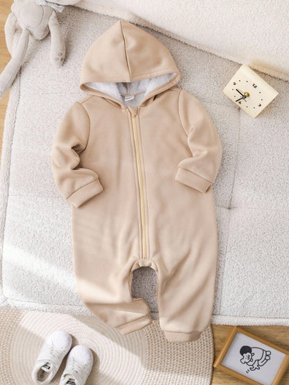 Baby Boy/Girl Khaki Brushed Thick Soft Knit Hooded Jumpsuit With Zipper, Versatile For Indoor & Outdoor Wear, Autumn/Winter