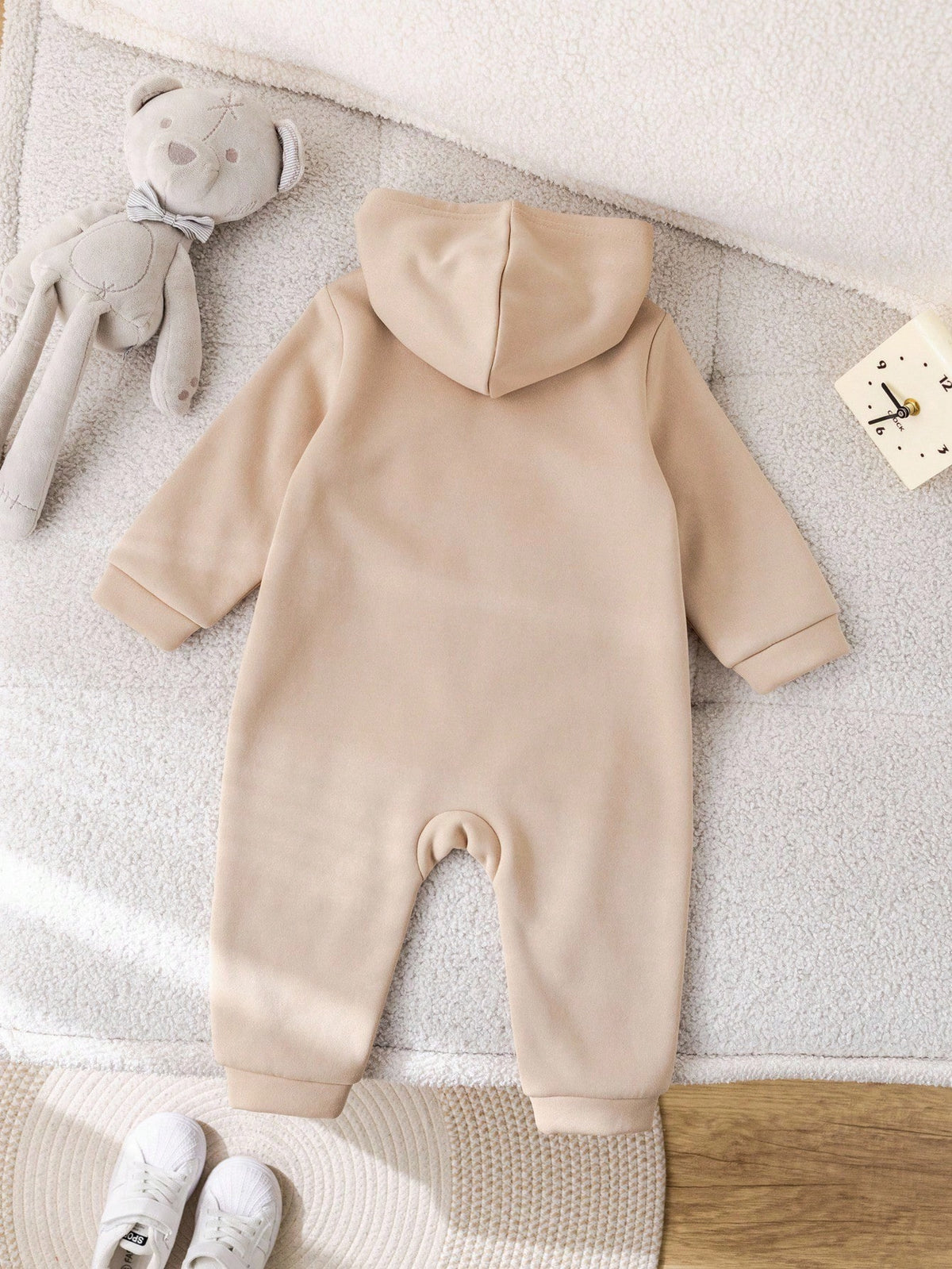 Baby Boy/Girl Khaki Brushed Thick Soft Knit Hooded Jumpsuit With Zipper, Versatile For Indoor & Outdoor Wear, Autumn/Winter