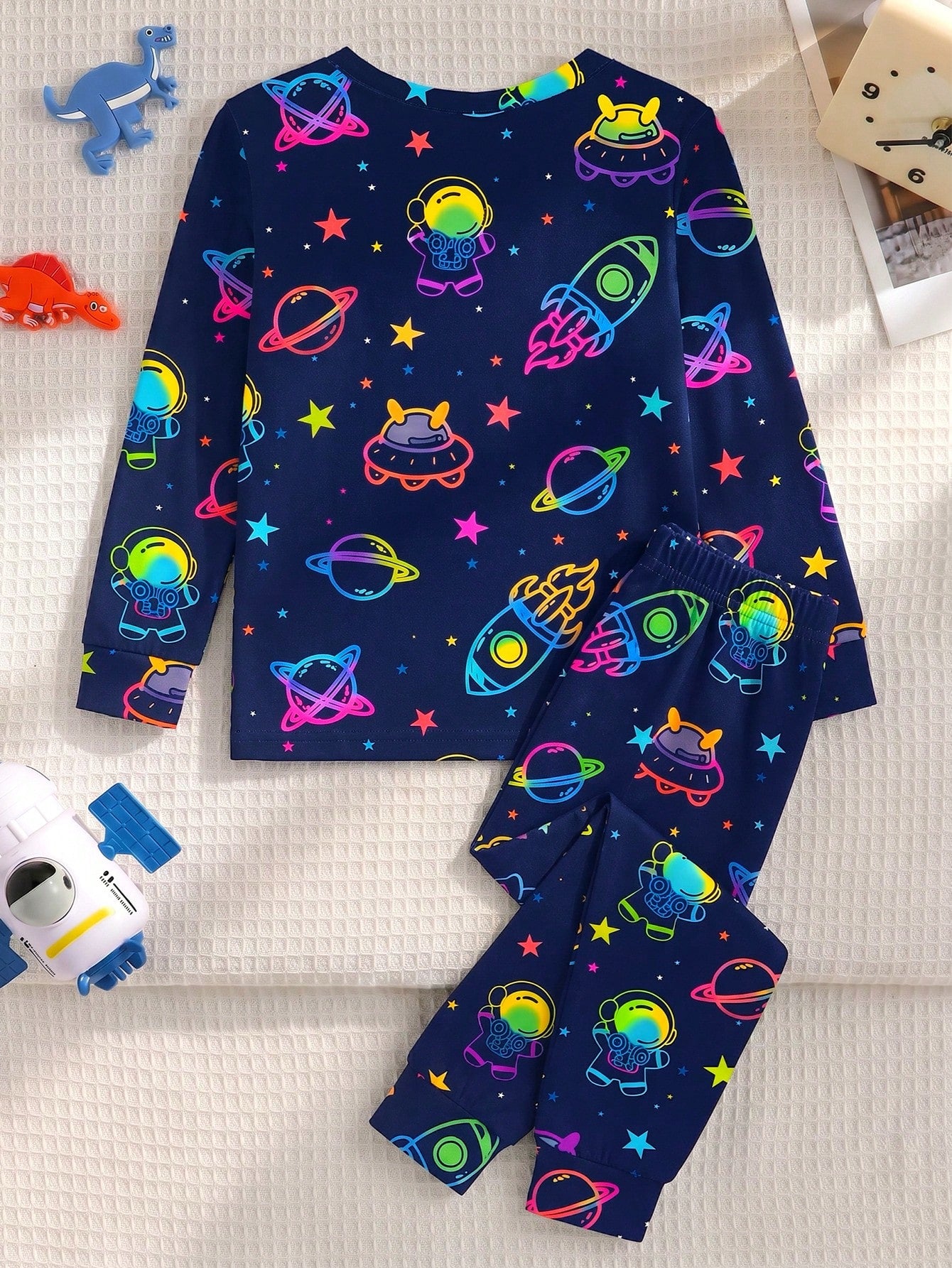 Baby Boy Glow-In-The-Dark Space Theme Fitted Pajama Set, 2 Pieces, Navy Blue Base With Fluorescent Astronaut, Planet And UFO All-Over Print, Pattern Glows With Vibrant Colors Under UV Light, Knitted F
