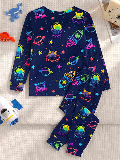 Baby Boy Glow-In-The-Dark Space Theme Fitted Pajama Set, 2 Pieces, Navy Blue Base With Fluorescent Astronaut, Planet And UFO All-Over Print, Pattern Glows With Vibrant Colors Under UV Light, Knitted F