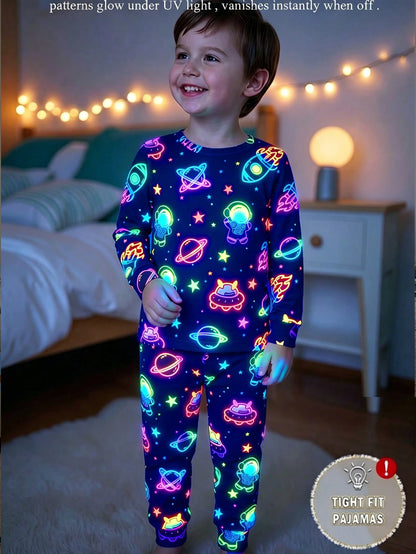Baby Boy Glow-In-The-Dark Space Theme Fitted Pajama Set, 2 Pieces, Navy Blue Base With Fluorescent Astronaut, Planet And UFO All-Over Print, Pattern Glows With Vibrant Colors Under UV Light, Knitted F