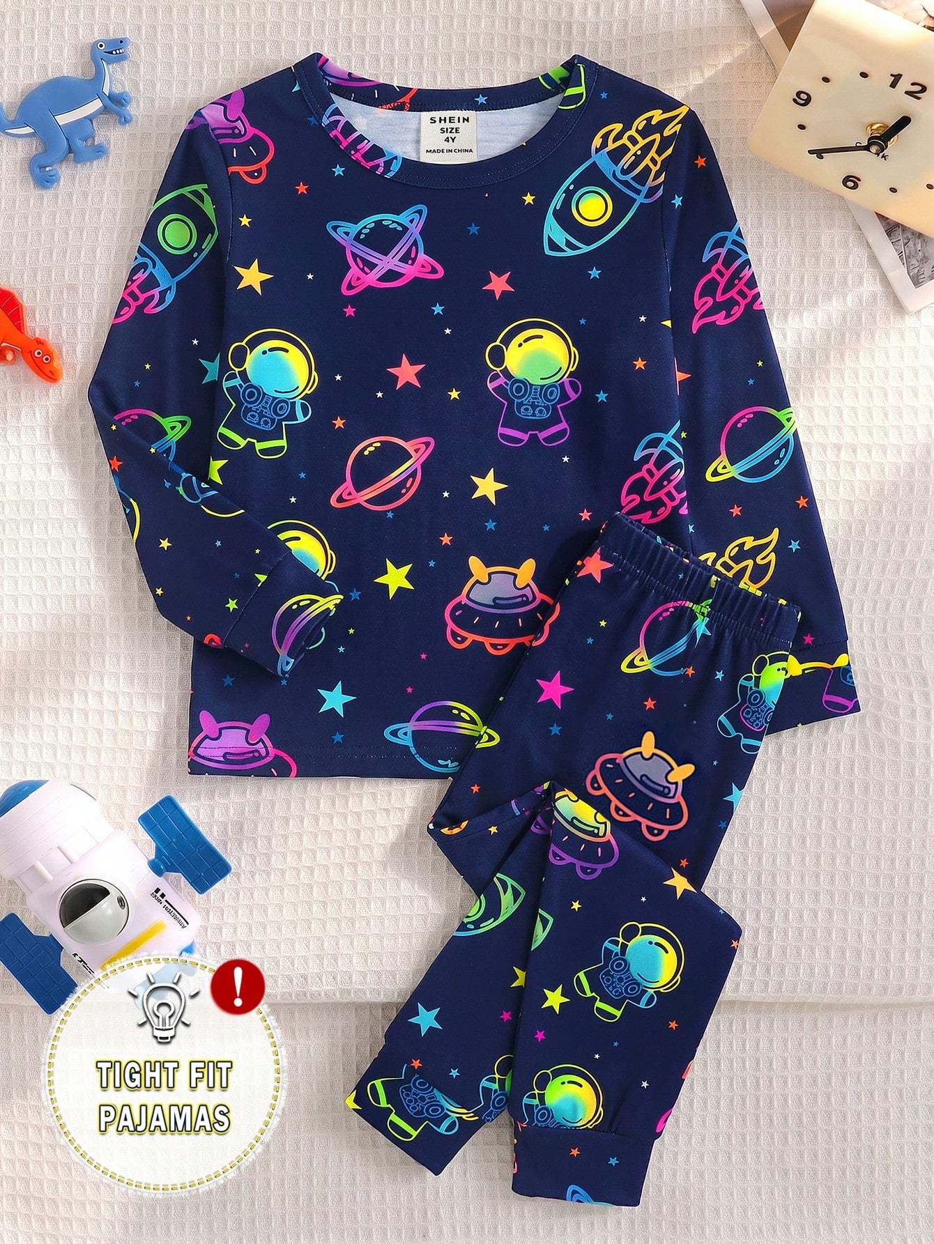 Baby Boy Glow-In-The-Dark Space Theme Fitted Pajama Set, 2 Pieces, Navy Blue Base With Fluorescent Astronaut, Planet And UFO All-Over Print, Pattern Glows With Vibrant Colors Under UV Light, Knitted F