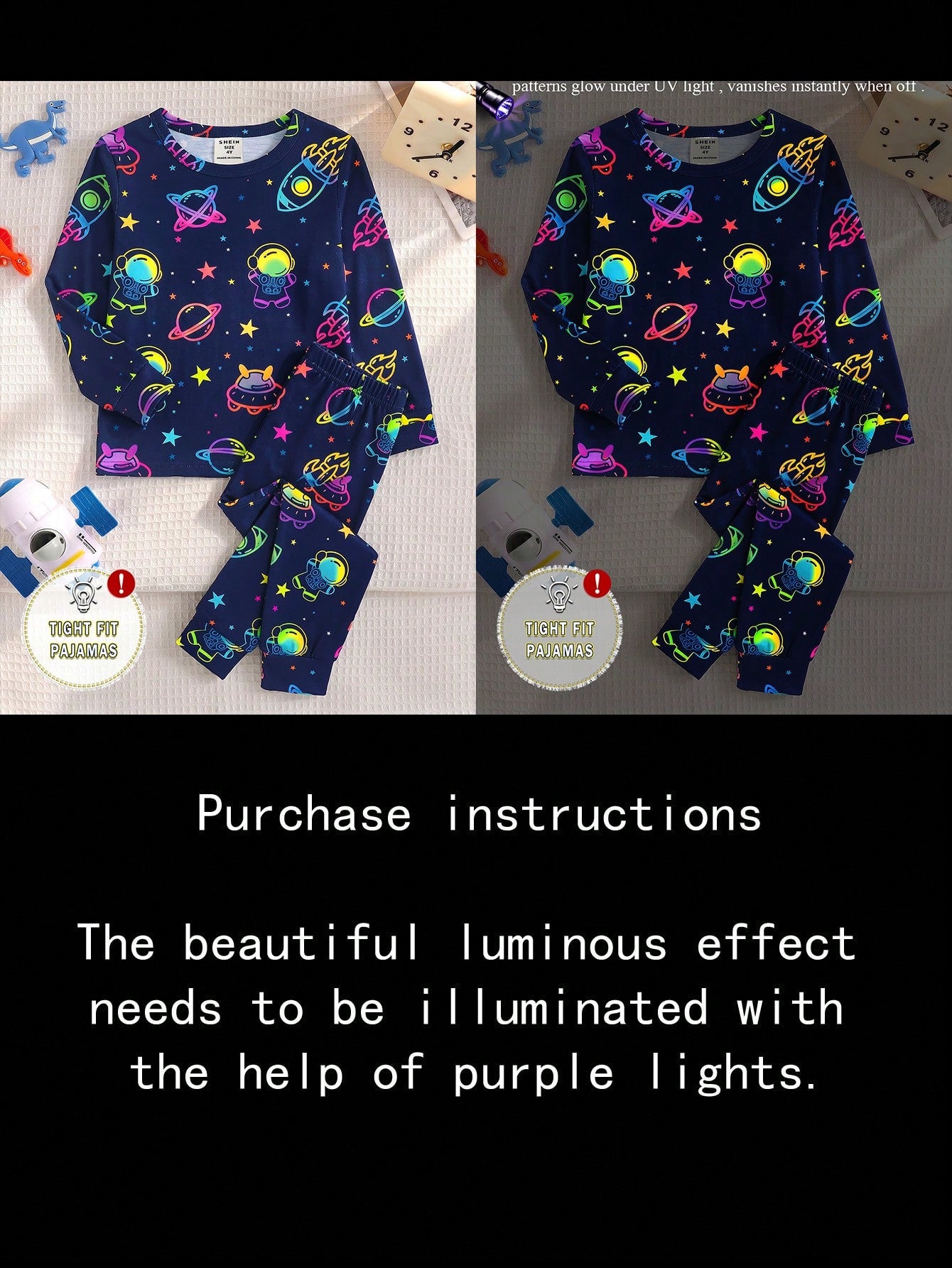 Baby Boy Glow-In-The-Dark Space Theme Fitted Pajama Set, 2 Pieces, Navy Blue Base With Fluorescent Astronaut, Planet And UFO All-Over Print, Pattern Glows With Vibrant Colors Under UV Light, Knitted F