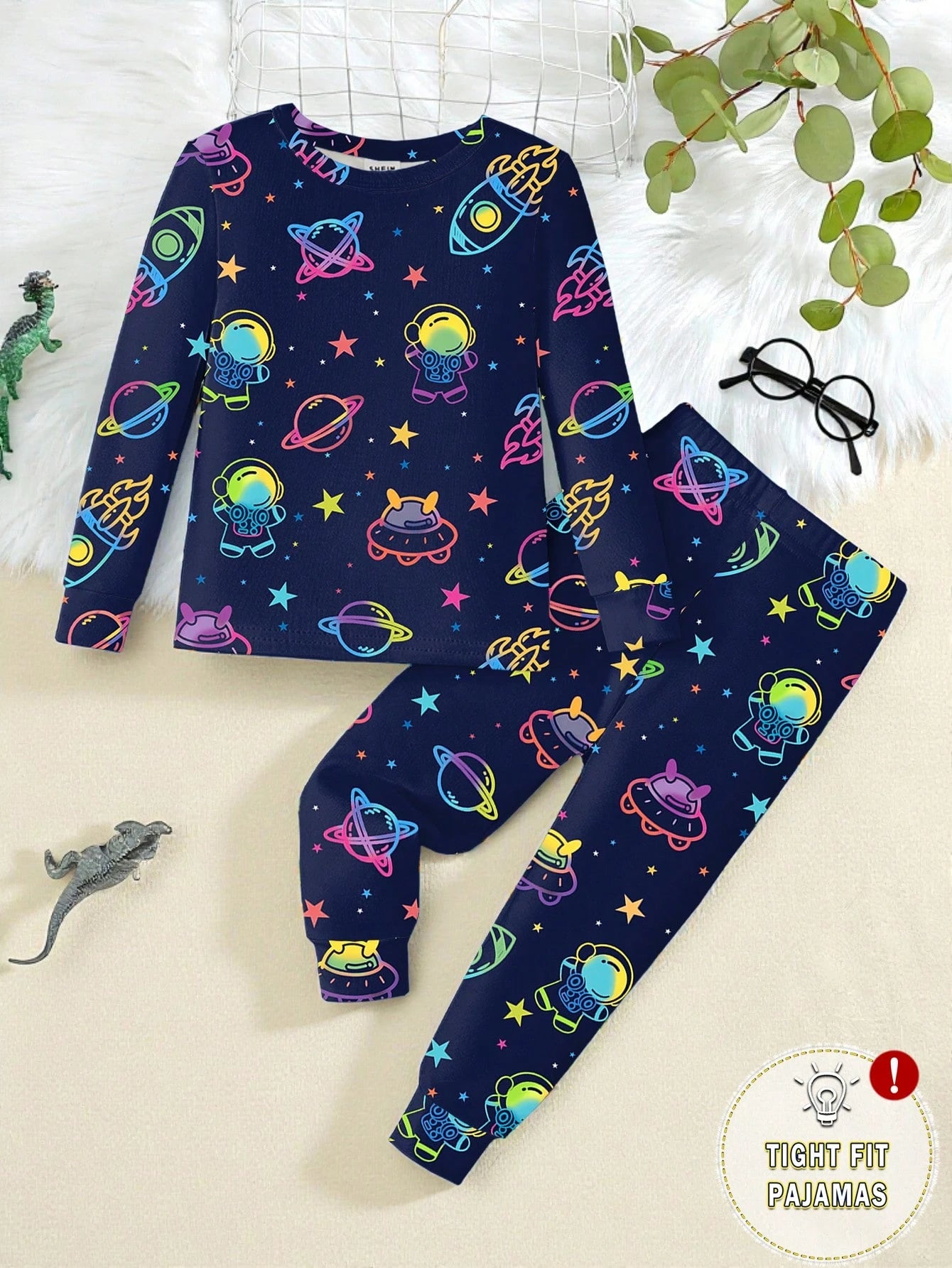 Baby Boy Glow-In-The-Dark Space Theme Fitted Pajama Set, 2 Pieces, Navy Blue Base With Fluorescent Astronaut, Planet And UFO All-Over Print, Pattern Glows With Vibrant Colors Under UV Light, Knitted F