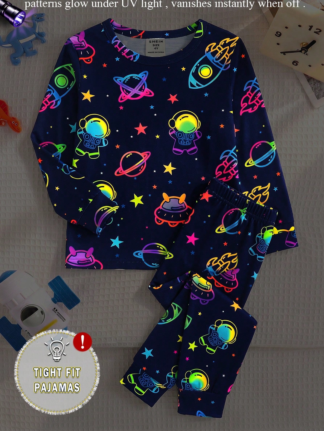 Baby Boy Glow-In-The-Dark Space Theme Fitted Pajama Set, 2 Pieces, Navy Blue Base With Fluorescent Astronaut, Planet And UFO All-Over Print, Pattern Glows With Vibrant Colors Under UV Light, Knitted F