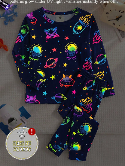 Baby Boy Glow-In-The-Dark Space Theme Fitted Pajama Set, 2 Pieces, Navy Blue Base With Fluorescent Astronaut, Planet And UFO All-Over Print, Pattern Glows With Vibrant Colors Under UV Light, Knitted F