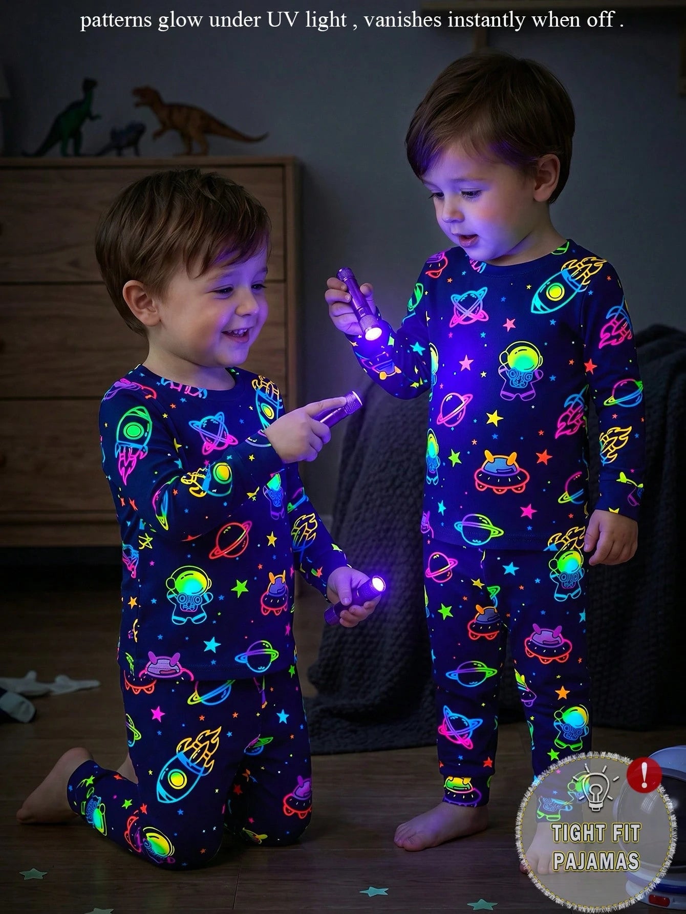 Baby Boy Glow-In-The-Dark Space Theme Fitted Pajama Set, 2 Pieces, Navy Blue Base With Fluorescent Astronaut, Planet And UFO All-Over Print, Pattern Glows With Vibrant Colors Under UV Light, Knitted F