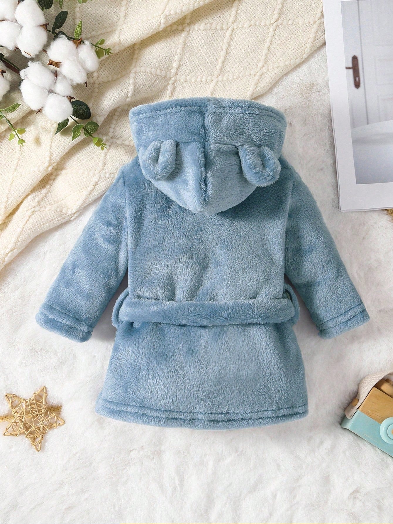 Baby Boy Simple Fashion Blue Long Sleeve Hooded Tie Waist Warm Bathrobe Sleepwear