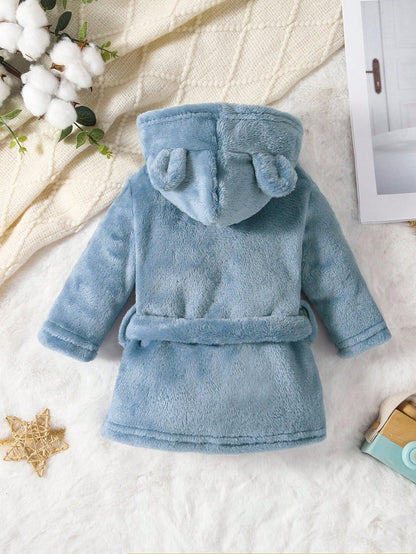 Baby Boy Simple Fashion Blue Long Sleeve Hooded Tie Waist Warm Bathrobe Sleepwear