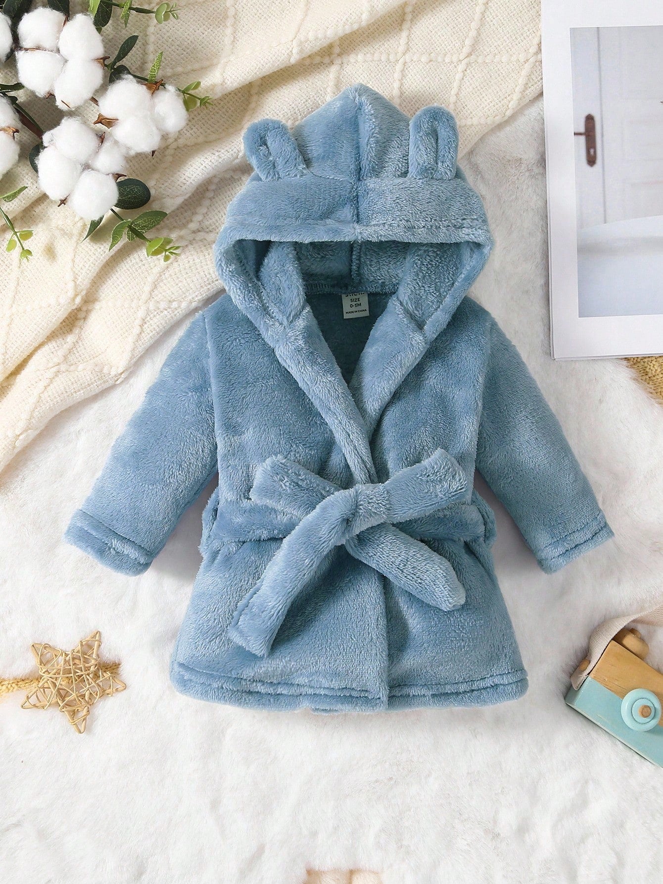 Baby Boy Simple Fashion Blue Long Sleeve Hooded Tie Waist Warm Bathrobe Sleepwear