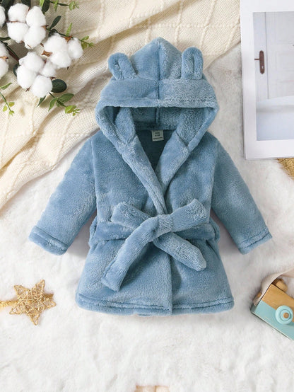 Baby Boy Simple Fashion Blue Long Sleeve Hooded Tie Waist Warm Bathrobe Sleepwear