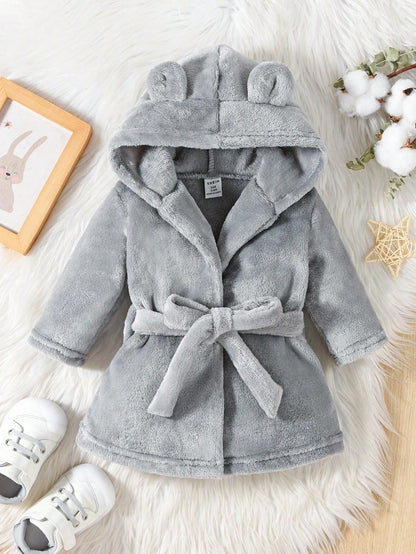 Baby Boy Simple Fashion Blue Long Sleeve Hooded Tie Waist Warm Bathrobe Sleepwear