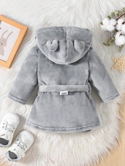 Baby Boy Simple Fashion Blue Long Sleeve Hooded Tie Waist Warm Bathrobe Sleepwear