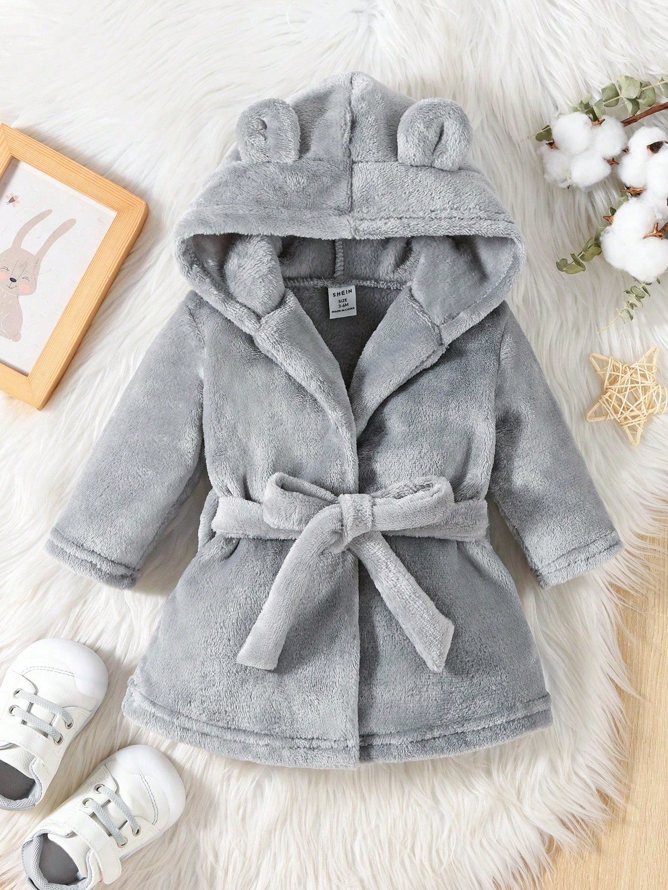 Baby Boy Simple Fashion Blue Long Sleeve Hooded Tie Waist Warm Bathrobe Sleepwear
