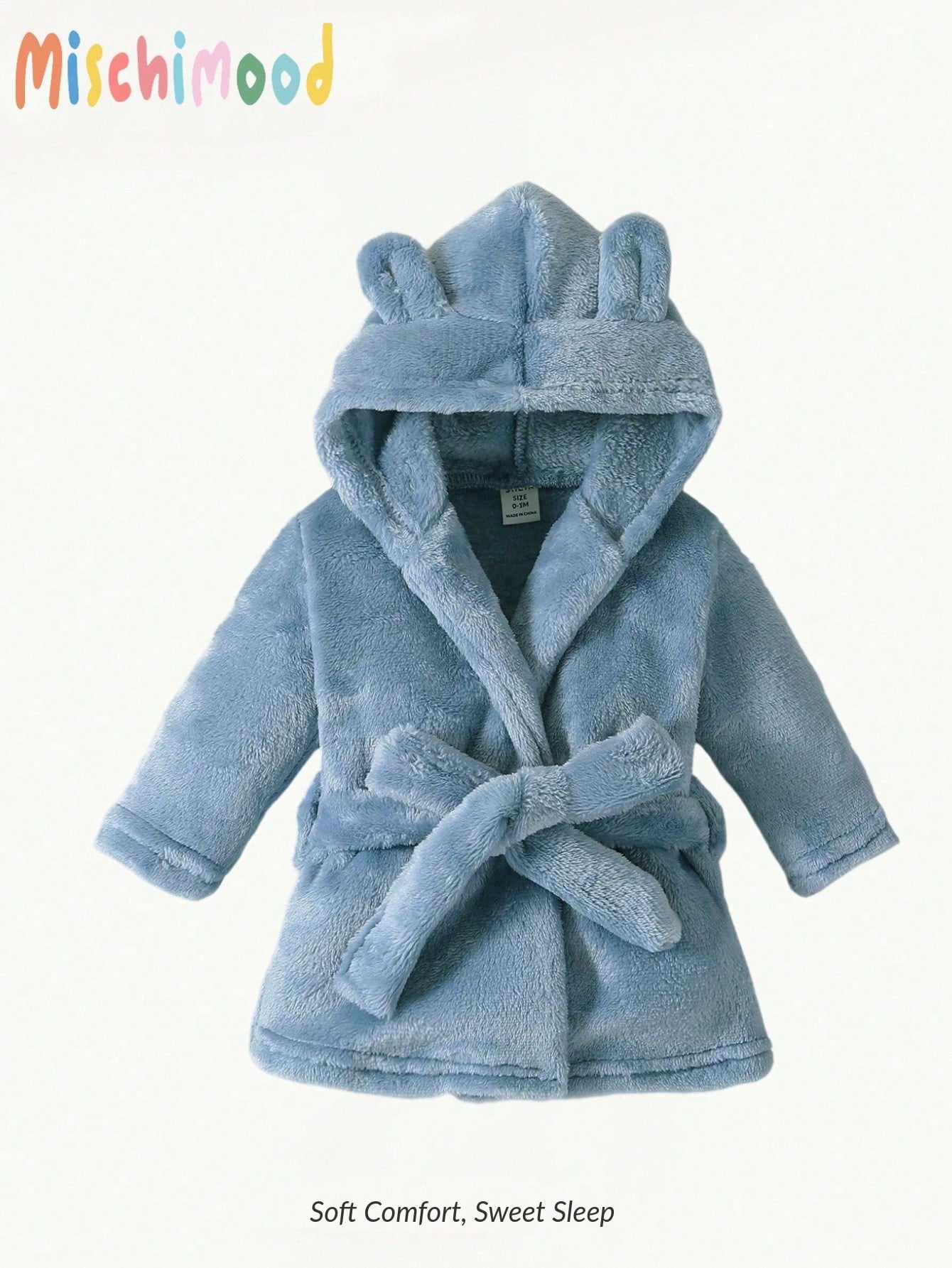 Baby Boy Simple Fashion Blue Long Sleeve Hooded Tie Waist Warm Bathrobe Sleepwear