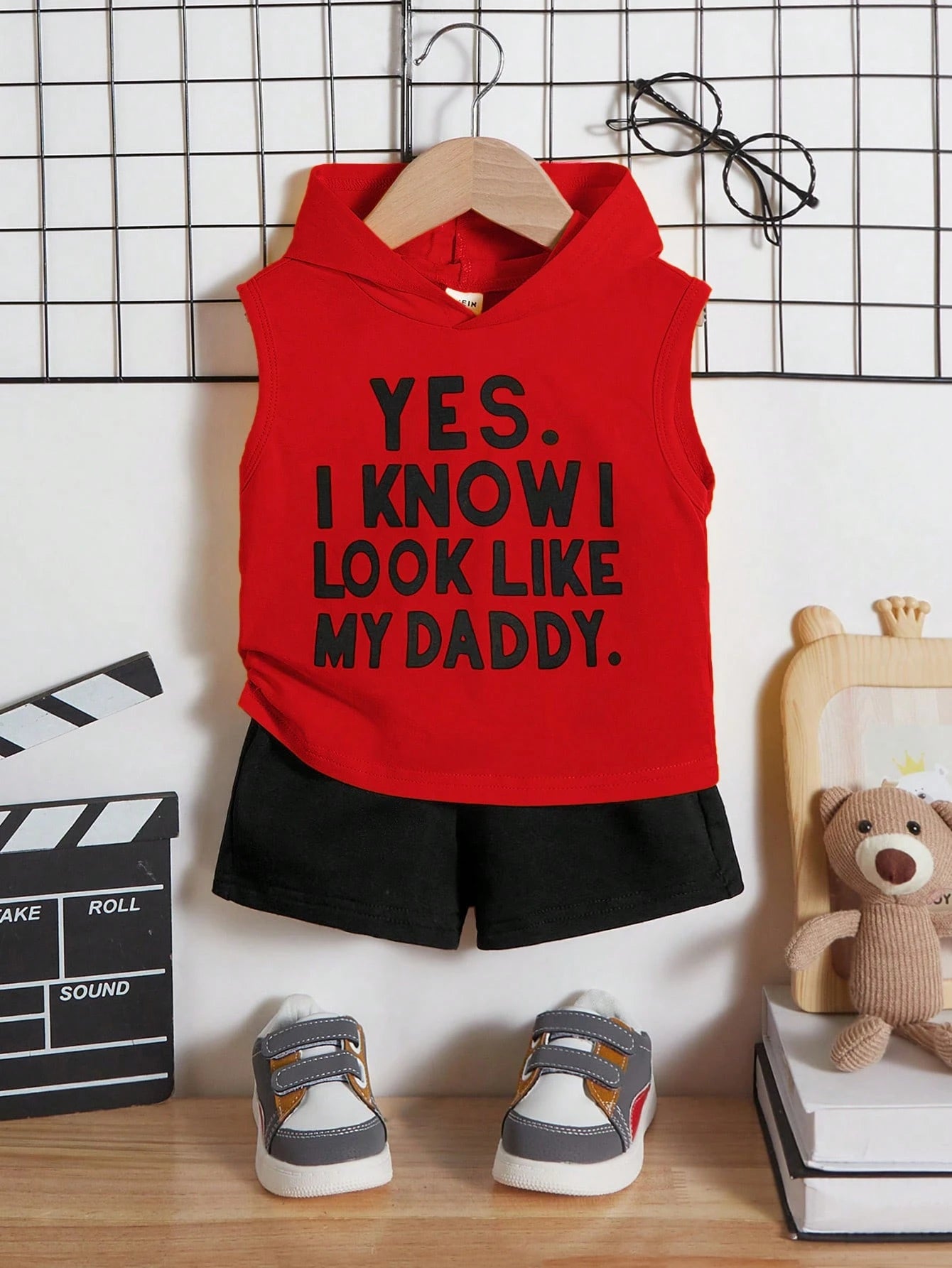 Baby Boy Slogan Graphic Hooded Tank Top & Shorts