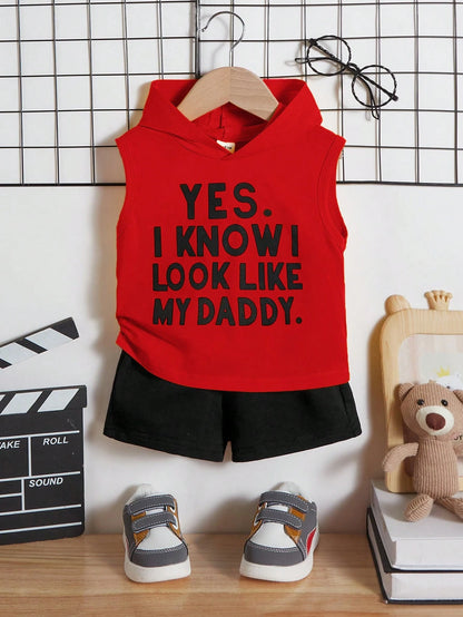 Baby Boy Slogan Graphic Hooded Tank Top & Shorts