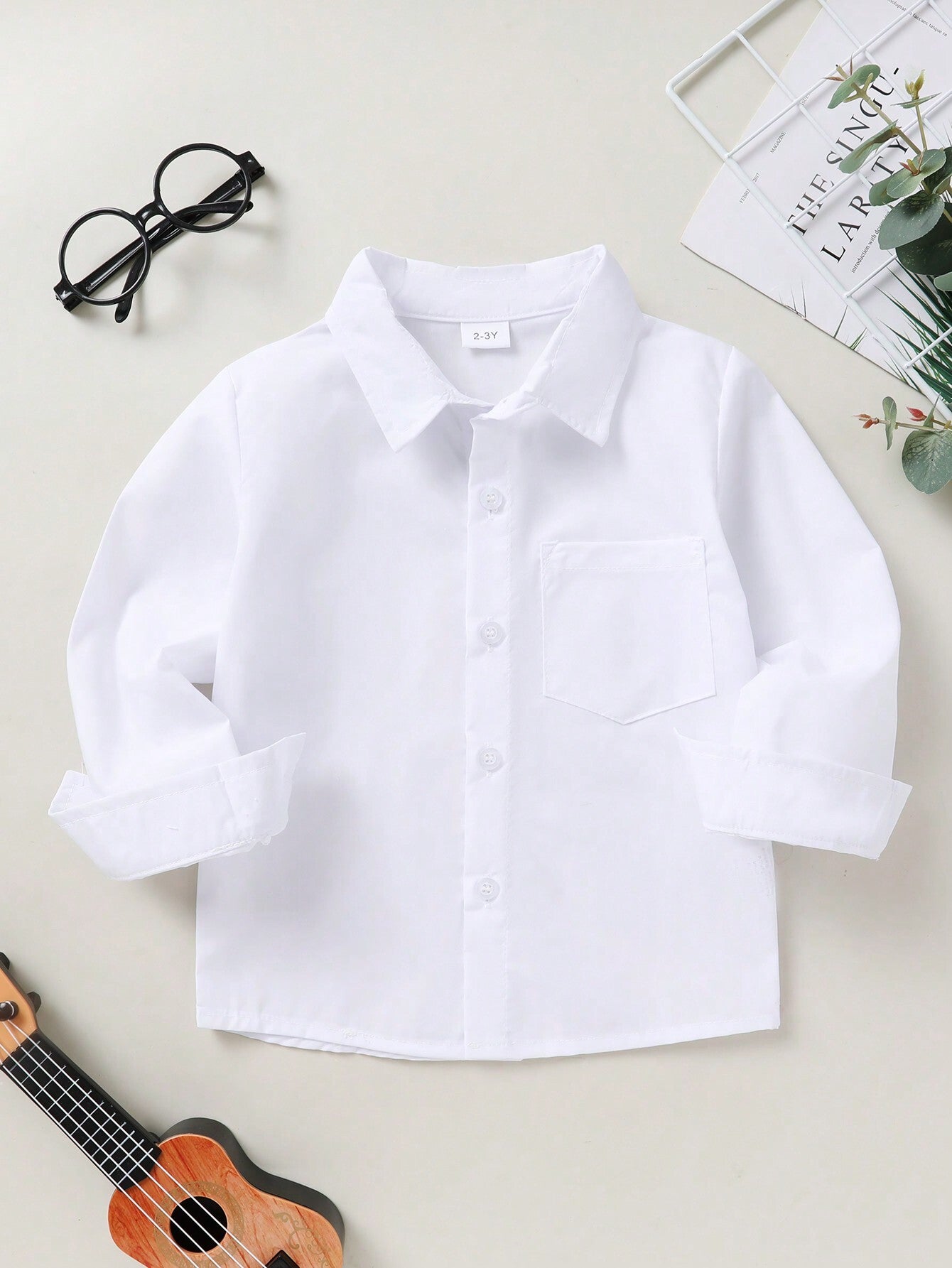 Baby Boy Solid Color Pocket Patch Shirt, Soft And Comfortable Gentleman Style