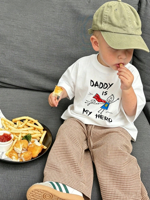 Baby Boy Summer Casual Short Sleeve T-Shirt, "Dad Is My Hero" Print Crew Neck T-Shirt, Suitable For Newborns And Toddlers