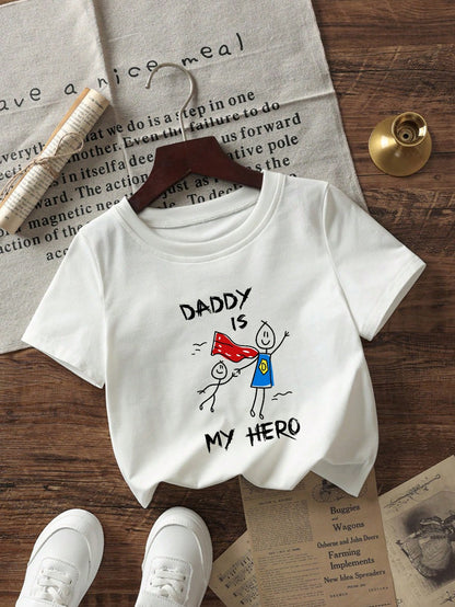 Baby Boy Summer Casual Short Sleeve T-Shirt, "Dad Is My Hero" Print Crew Neck T-Shirt, Suitable For Newborns And Toddlers