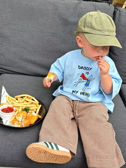 Baby Boy Summer Casual Short Sleeve T-Shirt, "Dad Is My Hero" Print Crew Neck T-Shirt, Suitable For Newborns And Toddlers