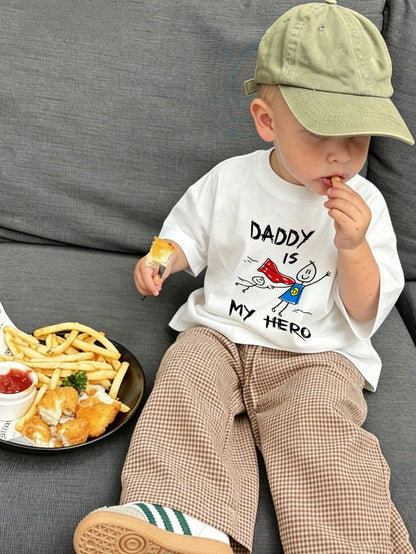 Baby Boy Summer Casual Short Sleeve T-Shirt, "Dad Is My Hero" Print Crew Neck T-Shirt, Suitable For Newborns And Toddlers