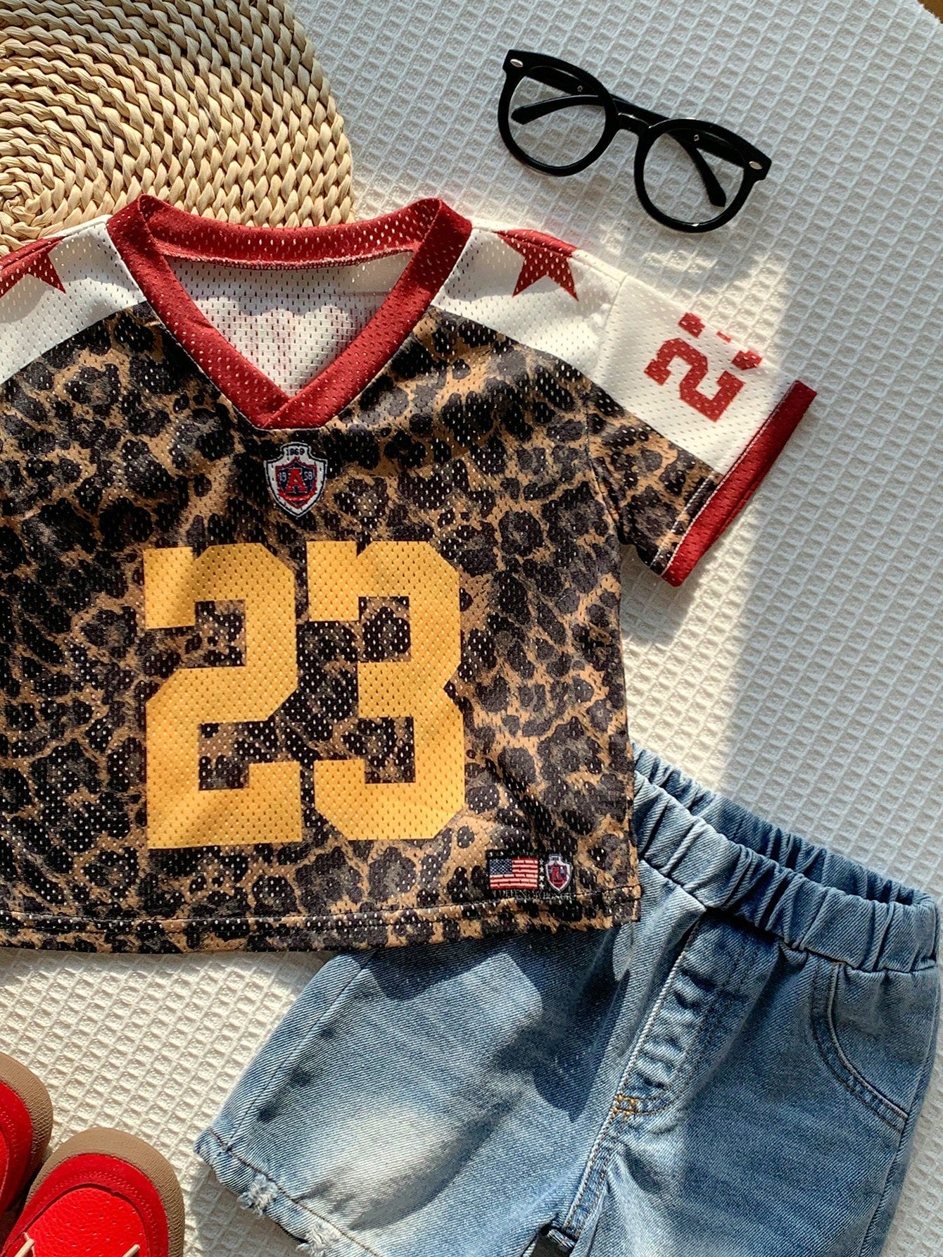 Baby Boy Unisex Spring/Summer Casual Cute Colorblock Leopard Print Short Sleeve T-Shirt Knit Top,Sports Style Jersey For Photoshoot