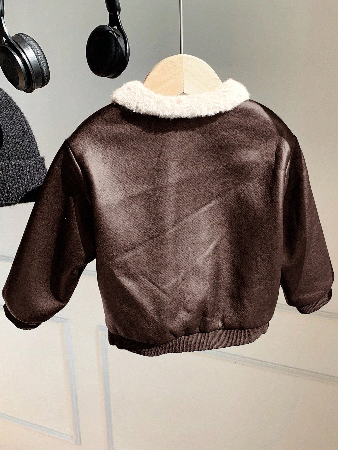 Baby Boys Casual Cute Street Style Black PU Leather Thermal Lined Long Sleeve Zip-Up Jacket, Baby Winter Clothes