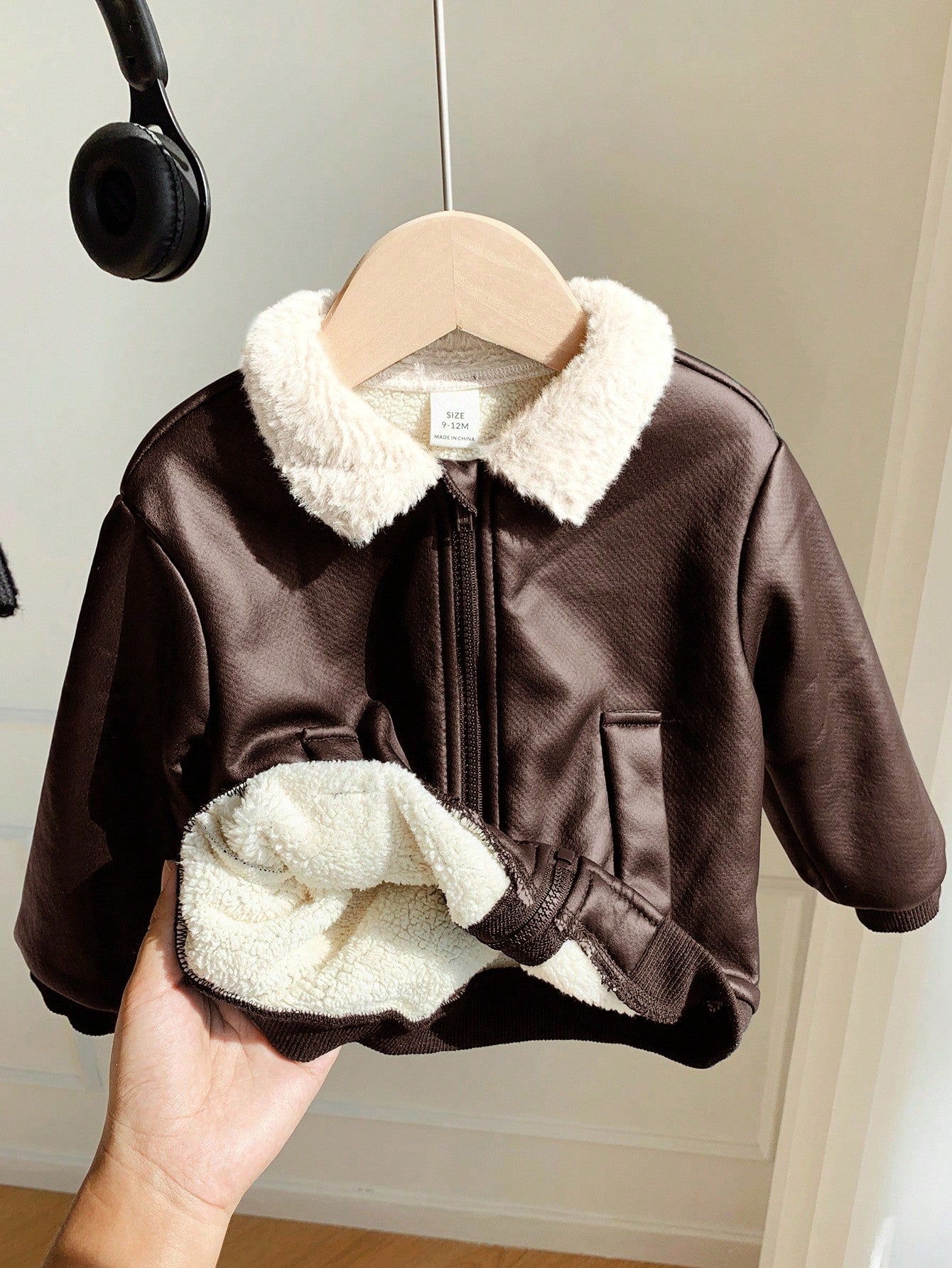 Baby Boys Casual Cute Street Style Black PU Leather Thermal Lined Long Sleeve Zip-Up Jacket, Baby Winter Clothes