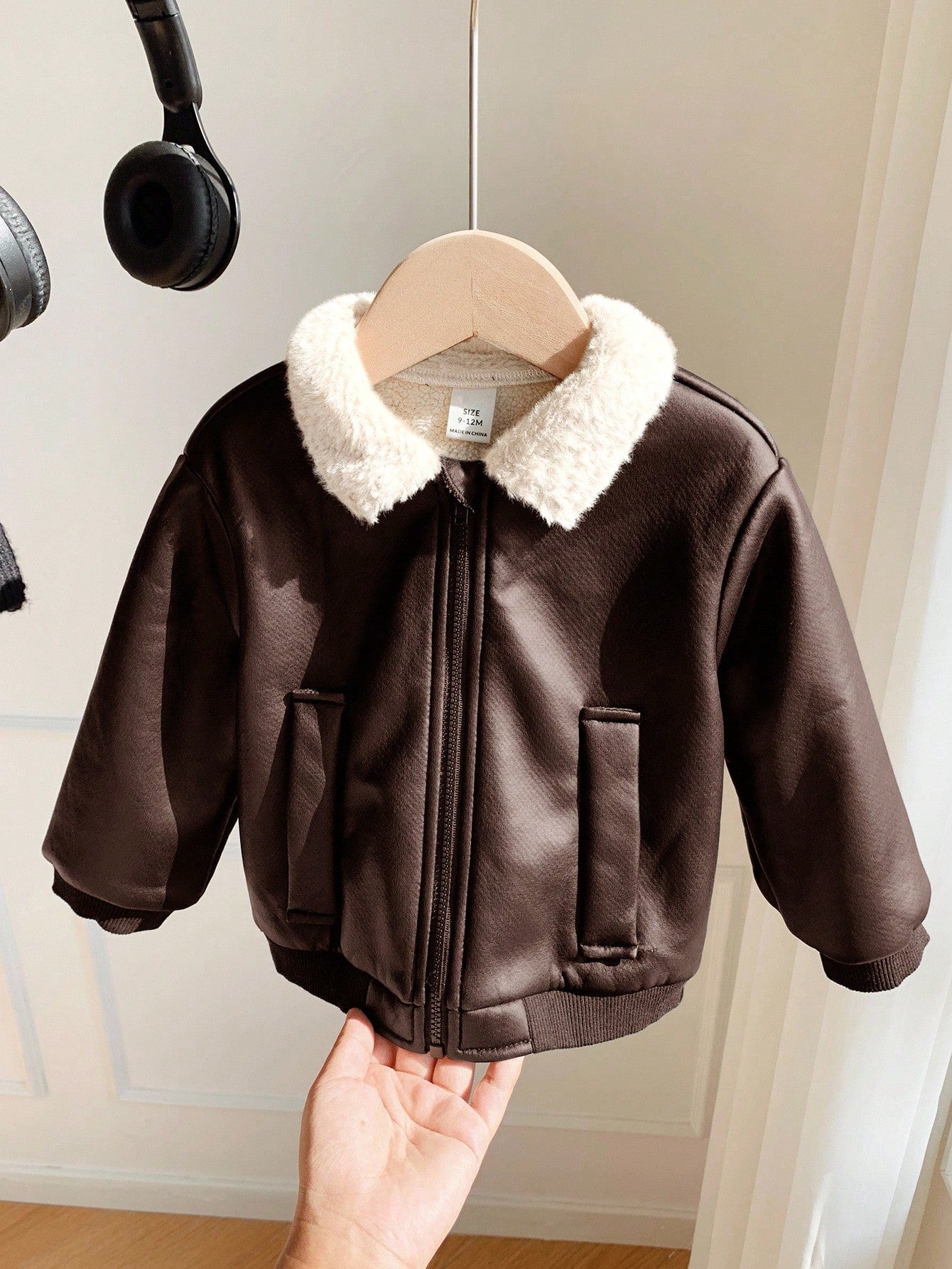 Baby Boys Casual Cute Street Style Black PU Leather Thermal Lined Long Sleeve Zip-Up Jacket, Baby Winter Clothes