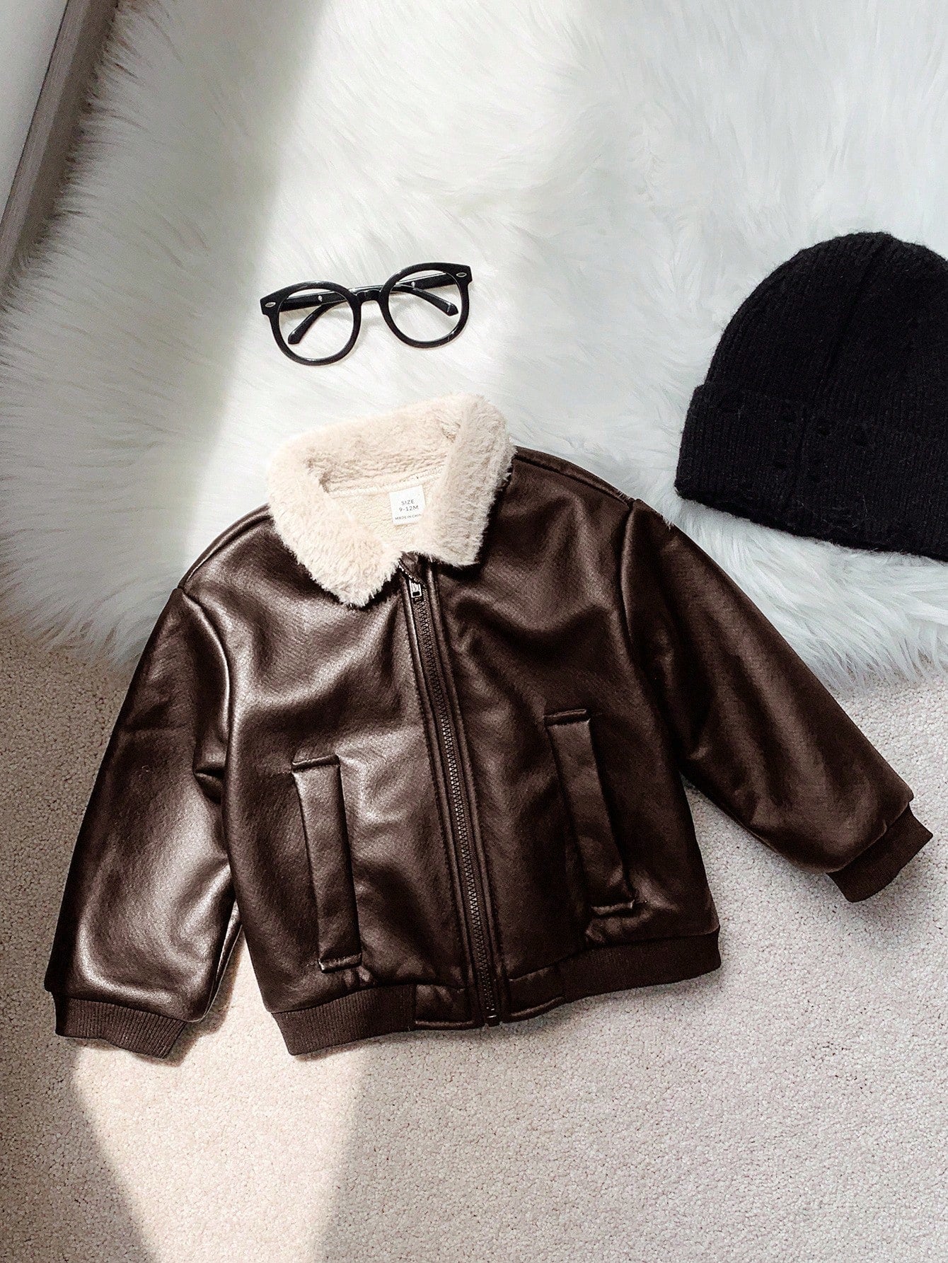 Baby Boys Casual Cute Street Style Black PU Leather Thermal Lined Long Sleeve Zip-Up Jacket, Baby Winter Clothes