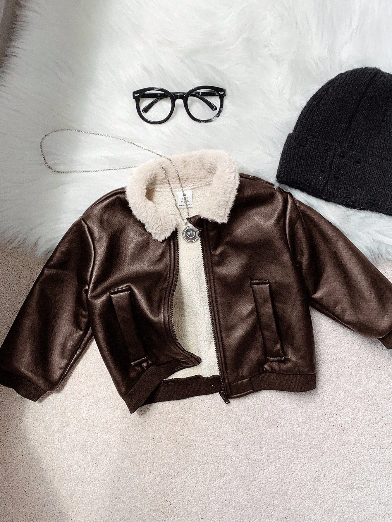 Baby Boys Casual Cute Street Style Black PU Leather Thermal Lined Long Sleeve Zip-Up Jacket, Baby Winter Clothes