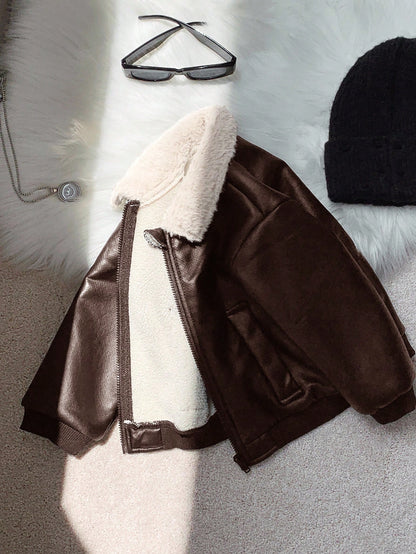 Baby Boys Casual Cute Street Style Black PU Leather Thermal Lined Long Sleeve Zip-Up Jacket, Baby Winter Clothes