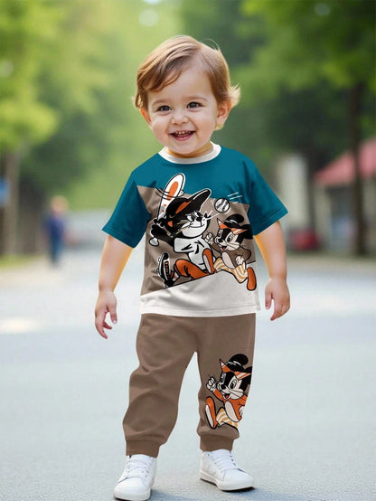 Baby Boys Casual Minimalist Round Neck Short Sleeve Top And Pants Set