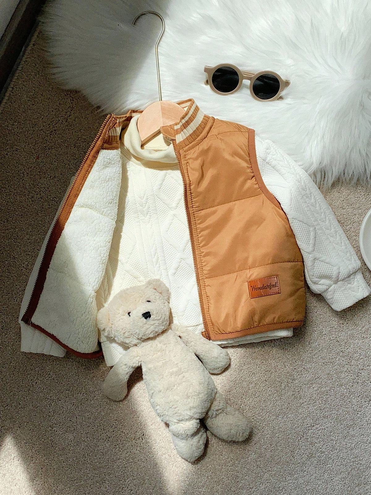 Baby Boys Thick Thermal Lined Khaki Zip Up Jacket Vest, Casual Versatile Autumn/Winter Fall