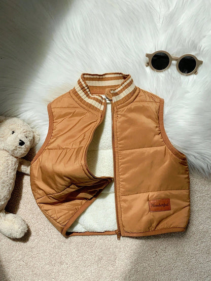 Baby Boys Thick Thermal Lined Khaki Zip Up Jacket Vest, Casual Versatile Autumn/Winter Fall