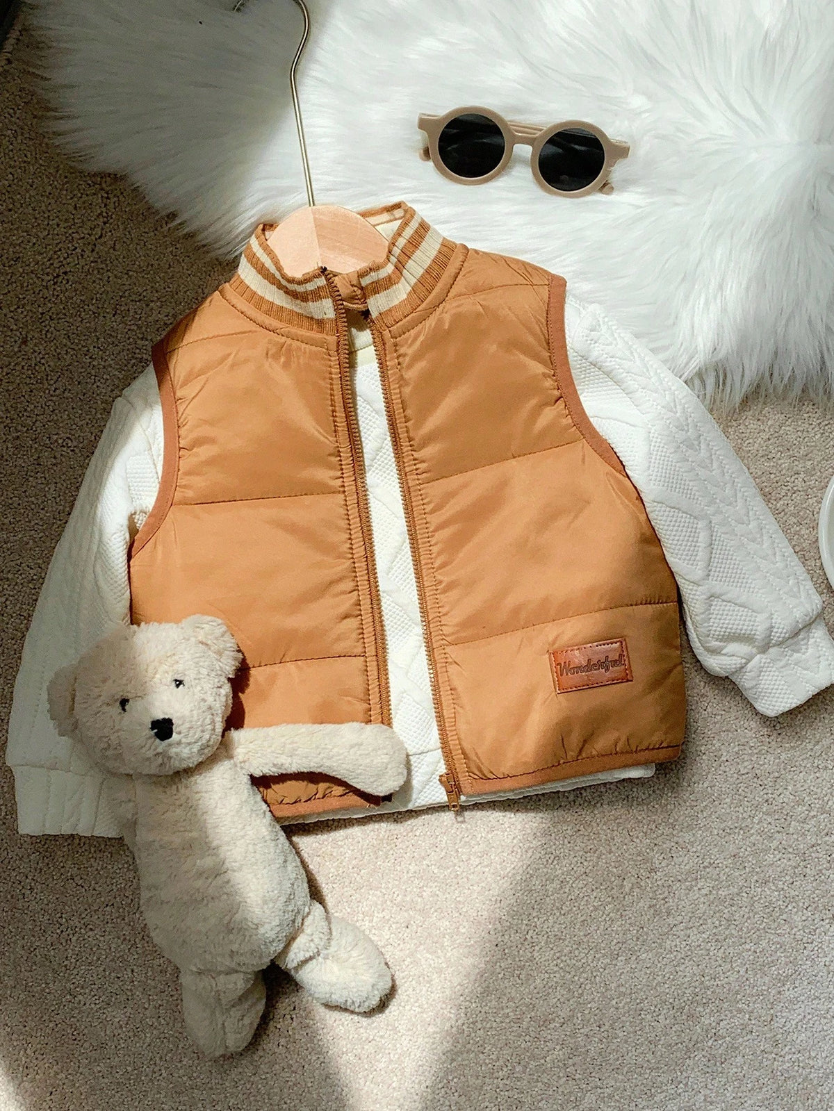 Baby Boys Thick Thermal Lined Khaki Zip Up Jacket Vest, Casual Versatile Autumn/Winter Fall