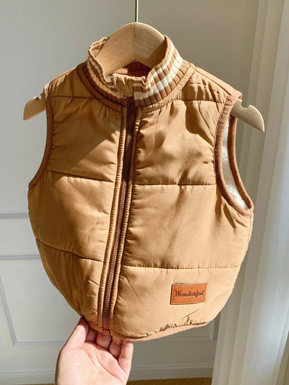 Baby Boys Thick Thermal Lined Khaki Zip Up Jacket Vest, Casual Versatile Autumn/Winter Fall