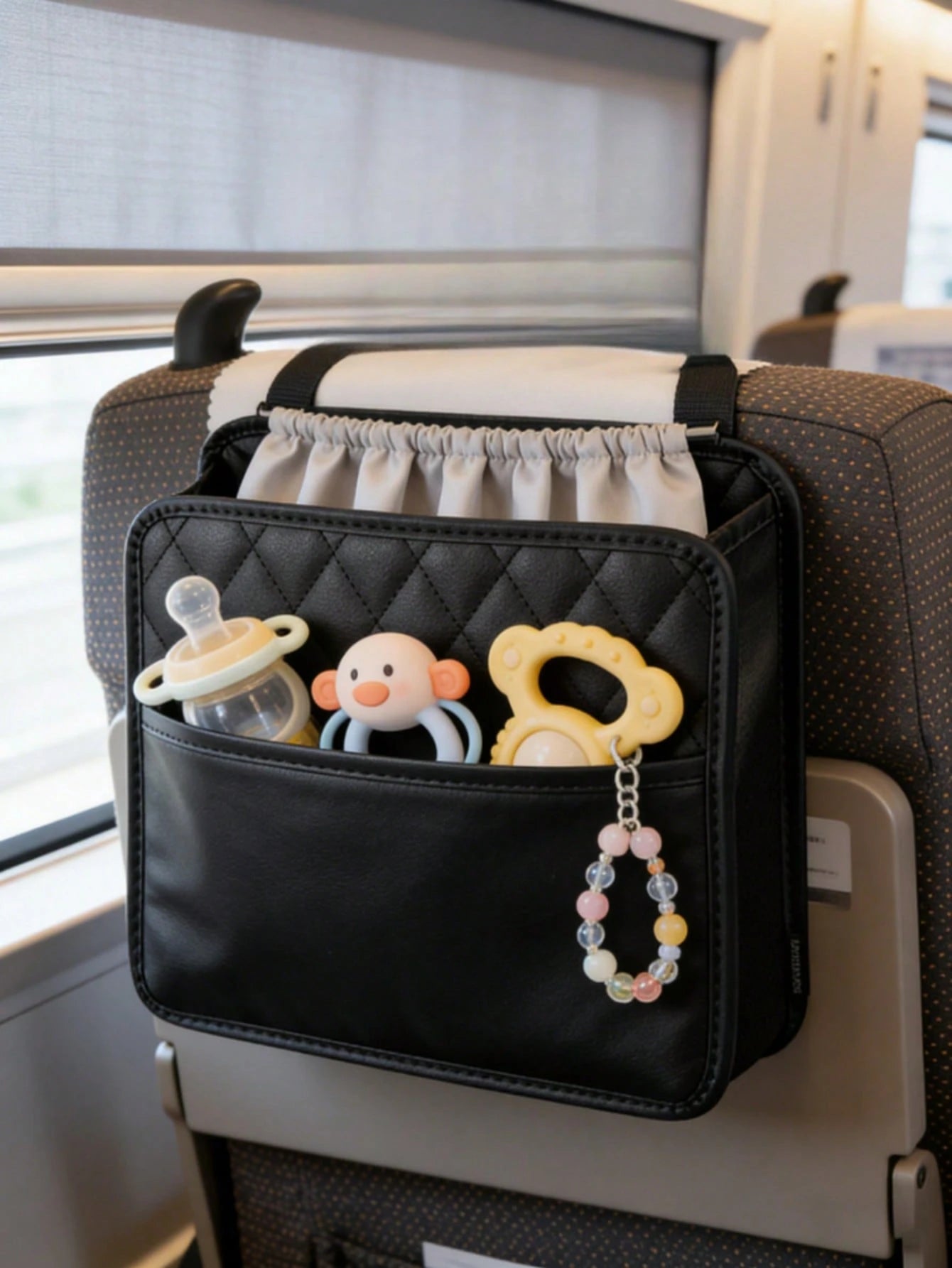 Baby Car Seat Back Hanging Storage Bag, Multi-Pocket PU Leather Stroller Back Hanging Organizer, Travel Diaper Bottle Tissue Storage Bag, Children's Travel Accessories