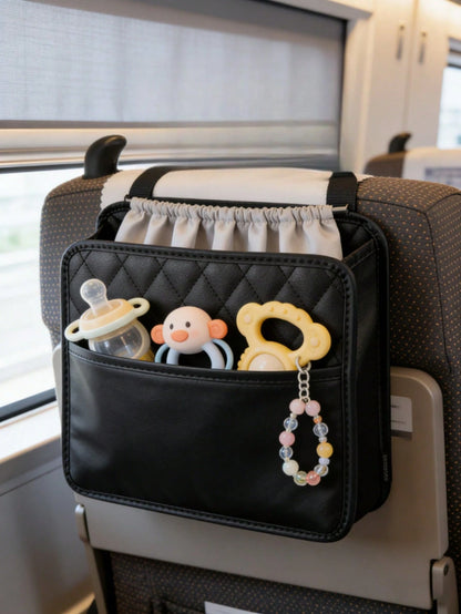 Baby Car Seat Back Hanging Storage Bag, Multi-Pocket PU Leather Stroller Back Hanging Organizer, Travel Diaper Bottle Tissue Storage Bag, Children's Travel Accessories
