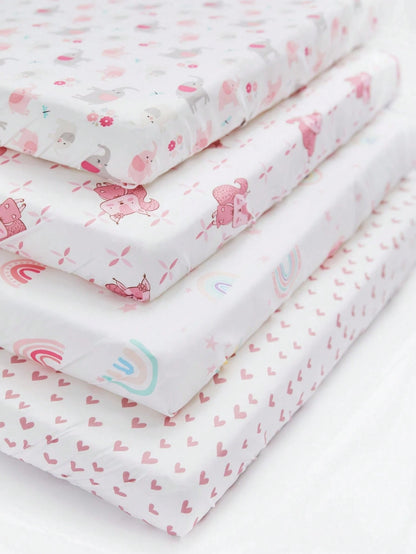 Baby Crib Sheets For Girls, 4 Pack Super Soft Toddler Bed Sheets, Standard Crib Mattress 28x52 In, Pink Prints