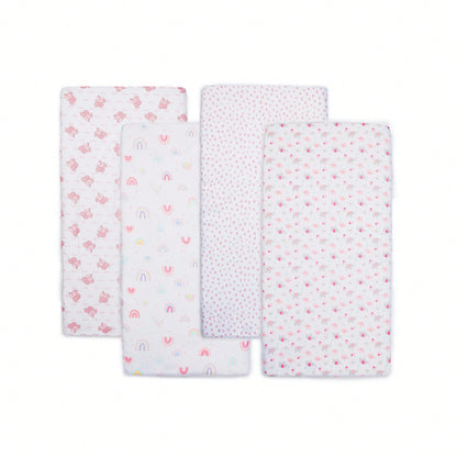 Baby Crib Sheets For Girls, 4 Pack Super Soft Toddler Bed Sheets, Standard Crib Mattress 28x52 In, Pink Prints