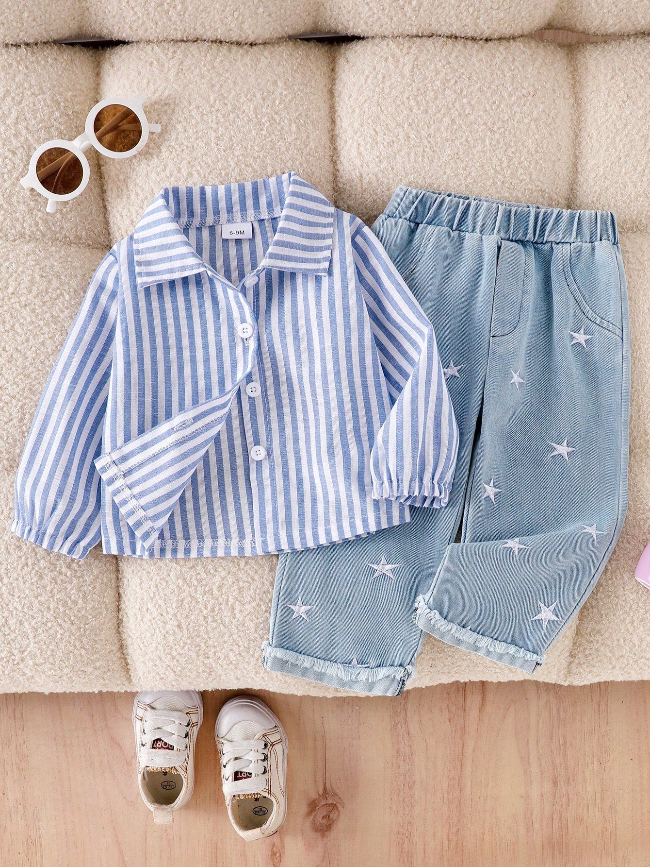 Baby Girl 2-Piece Set Casual Outfit: Long Sleeve Striped Collar Shirt Top And Elastic Waist Embroidered Stars Light Wash Denim Pants, Spring & Autumn