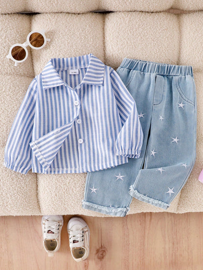 Baby Girl 2-Piece Set Casual Outfit: Long Sleeve Striped Collar Shirt Top And Elastic Waist Embroidered Stars Light Wash Denim Pants, Spring & Autumn